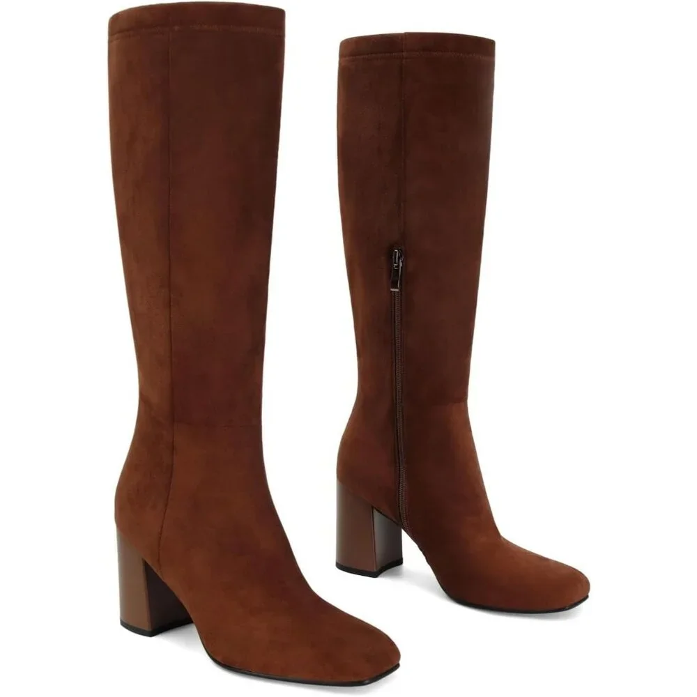 Women's Faux Leather Square Toe Chunky Heel Knee High Boots Side Zip Brown Suede - Picture 4 of 6